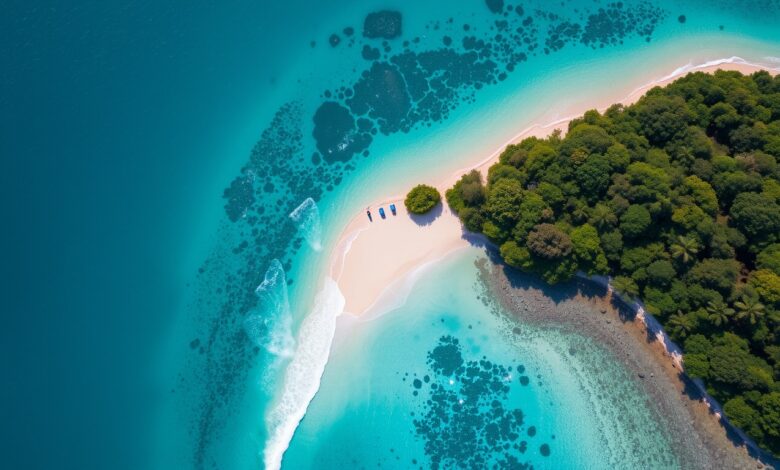 Capture a bird’s-eye view of a hidden beach surrounded by lush greenery and crystal-clear turquoise waters. The image could showcase white sands leading into the water, with waves gently breaking on the shore, giving a sense of tranquility and isolation.